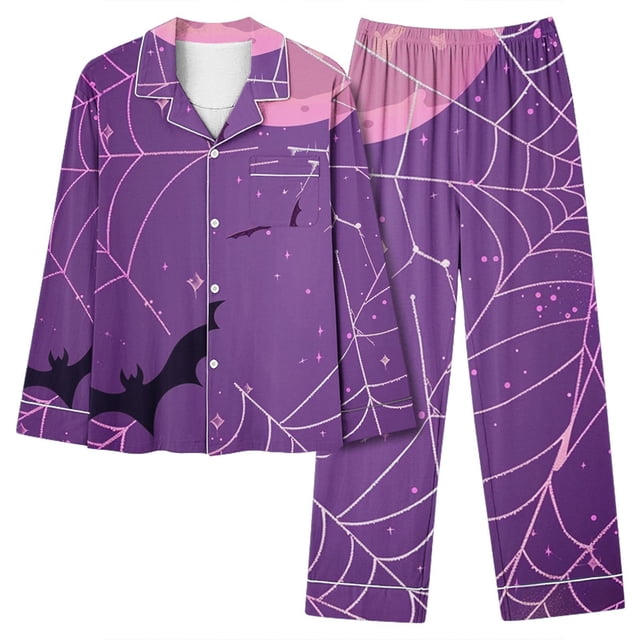 Jamicy Pyjama Confortable pour Femmes Ensemble Pyjama Décontracté Mode d'Halloween Imprimé Manches Longues Hauts Décontractés Pantalons Ensemble de Pyjama Manches Longues Col à Revers Violet