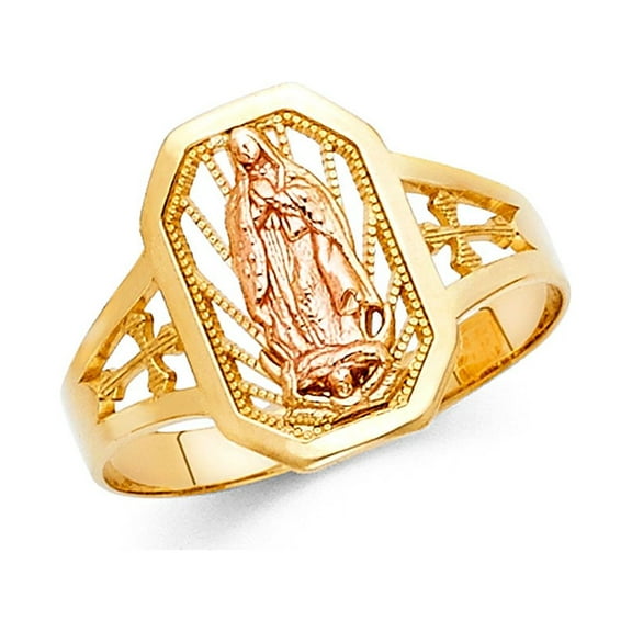 Lady Guadalupe Ring Solid 14k Yellow Rose Gold Cross Band Diamond Cut Filigree Two Tone 15MM, Size 7