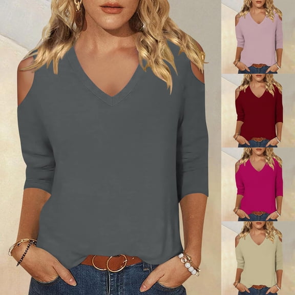 Abtuhar Women's Shirts,Women's Fashionable Solid Color T-shirt 3/4 Sleeve Shirt V-neck Casual Top