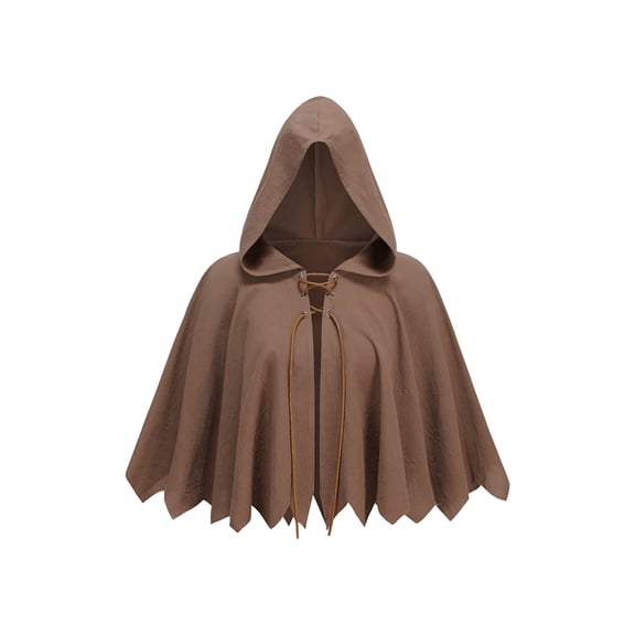 OOOUM Unisex Short Hooded Cape Crinkle Woven Textured Cloak Front Leather Lace-Up Closure Jagged Pointed Hem Loose Open Front Poncho Brown One Size
