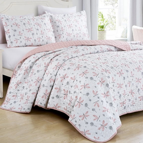 2/3 PCS Kids Bedspread Set Dragonfly and Dandelion Print Reversible Quilt