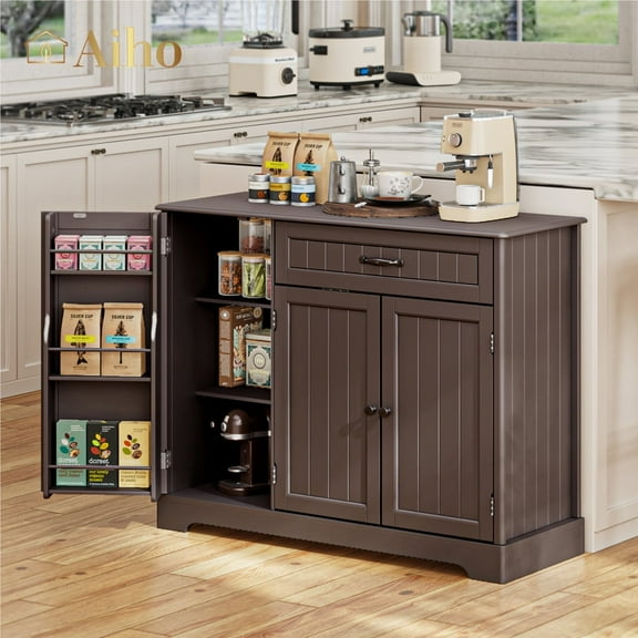 Aiho 33" Kitchen Pantry Storage Cabinet with Doors & Shelves, Modern Buffet Cabinet with Microwave Stand, Coffee Bar Cabinet for Kitchen, Dining Room - Brown