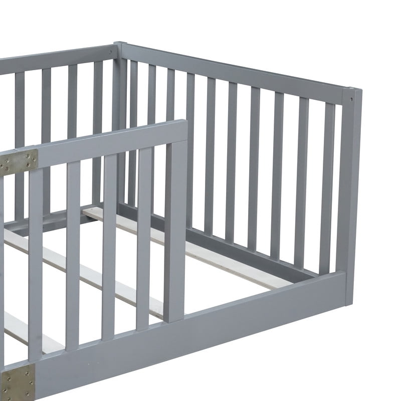 Mirightone Twin Size Wood Montessori Floor Beds with High Fence Railings, Twin Floor Bed with Slats, Twin Playhouse Bed Frame, (Grey)
