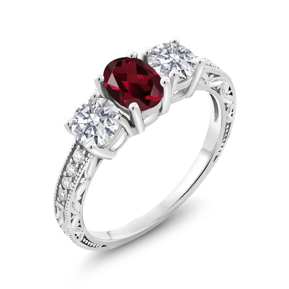 Gem Stone King 10K White Gold Red Rhodolite Garnet and Lab Grown Diamond Engagement Ring for Women | 2.02 Cttw | Oval 7X5MM | Gemstone January Birthstone | Size 5