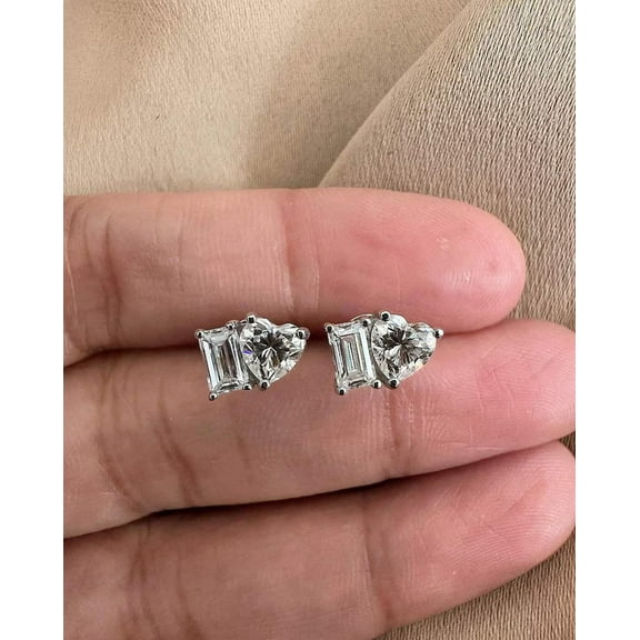 Radiant Jewelry Heart & Emerald Cut Moissanite Stud Earrings, 4.00 CT, 925 Silver, 14k White Gold Plated
