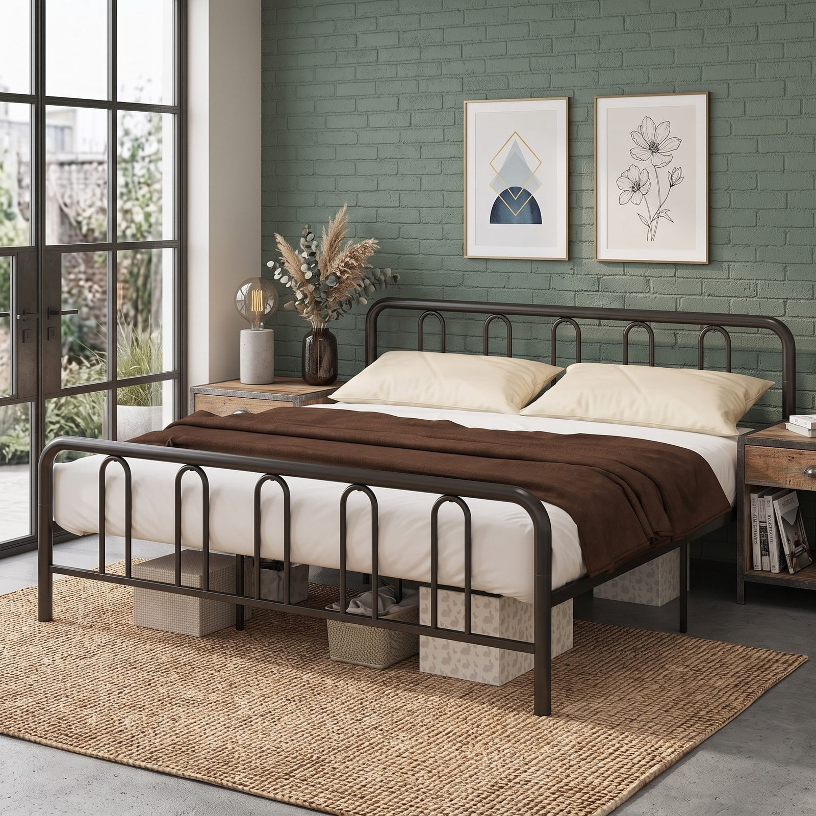 Furnibear King Size Bed Frame with Storage, Metal Platform Bed with Arched Headboard and Footboard, No Box Spring Needed, Black