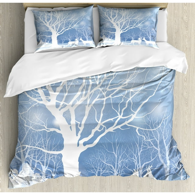 Winter Duvet Cover Set King Size, Abstract Winter Imagery with Snowy