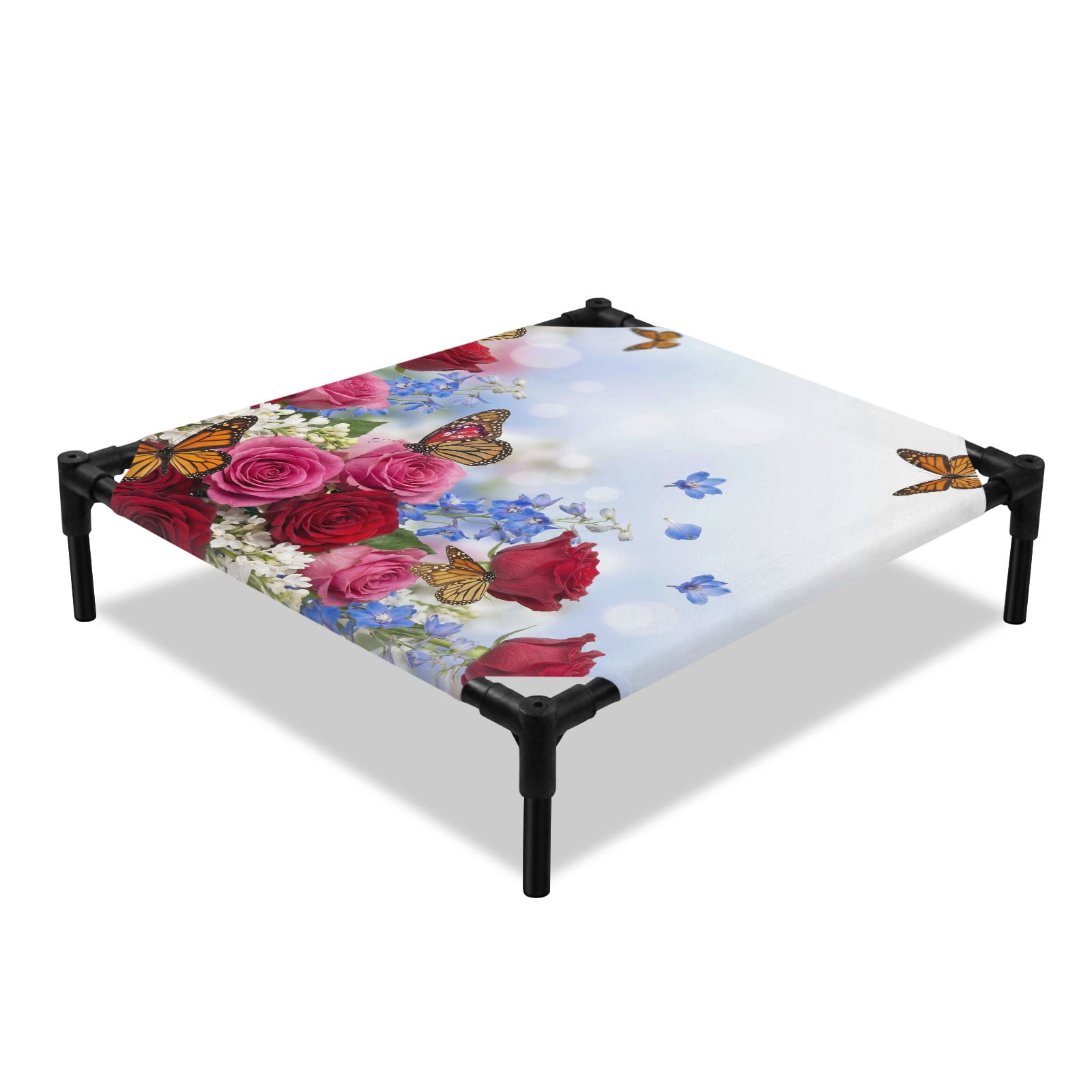 Pink Red Rose Elevated Dog Bed White Blue Flowers Butterflies Modern Abstract Cooling Breathable Outdoor Raised Dog Cot Bed with Metal Frame Non-Slip Feet for Small Dog 20x20in