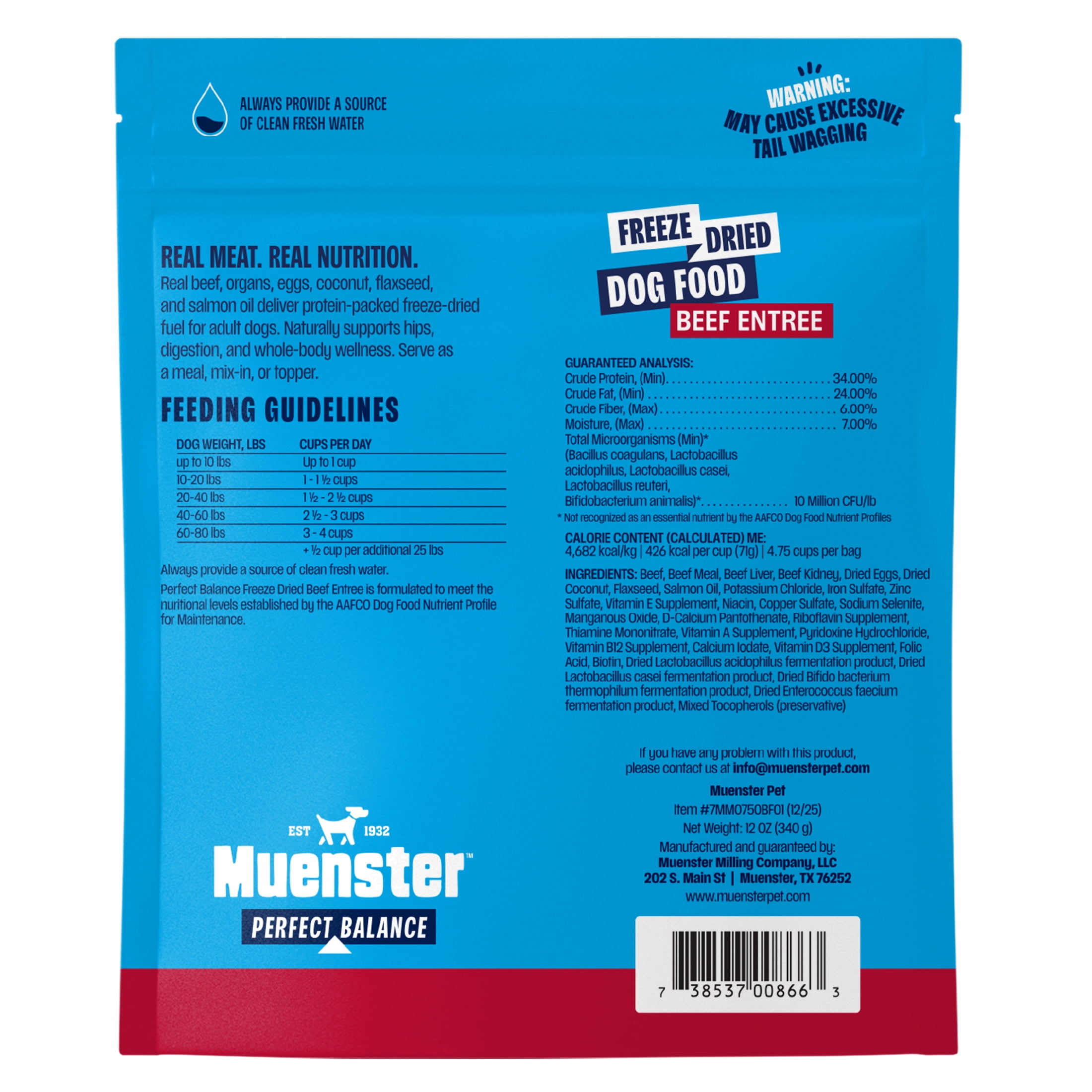 Muenster Perfect Balance Beef Bites Freeze-Dried Dog Food, Training Treats, Food or Topper, All Life Stages, 12 oz Pouch