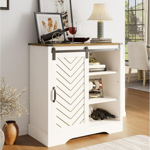 Superjoe Buffet Storage Cabinet, 33" Farmhouse Coffee Bar Cabinet w/Sliding Door, Wooden Sideboard Rustic Cabinet Table for Dining Room Living Room Entryway, Wood-Tone White