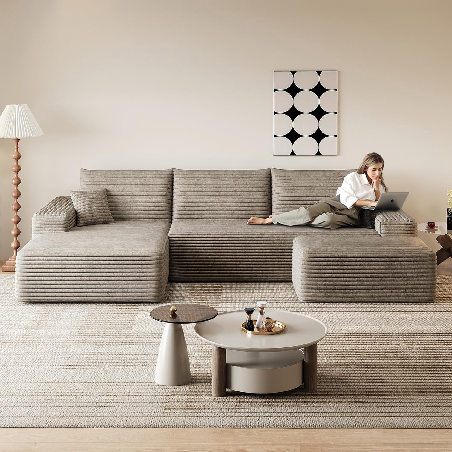 Sailvan 107" Cloud Sectional Couch, Cloudy Sofa with L-Shape Chaise & Ottoman, Upholstered Couches for Living Room & Bedroom, No Assembly Required, Plush Corduroy Fabric, Camel