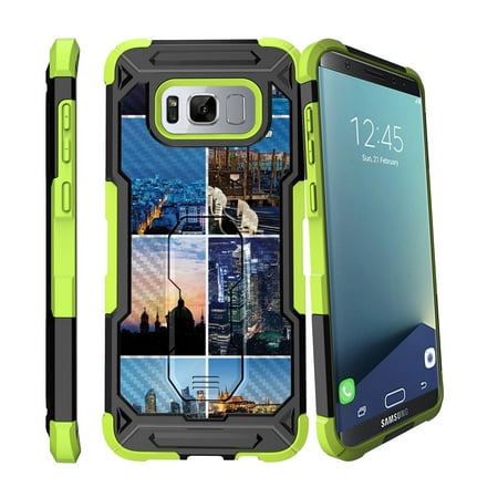 Case for Samsung Galaxy S8 Plus Version [ UFO Defense Case ][Galaxy S8 PLUS SM-G955][Green Silicone] Carbon Fiber Texture Case with Holster + Stand City Travel