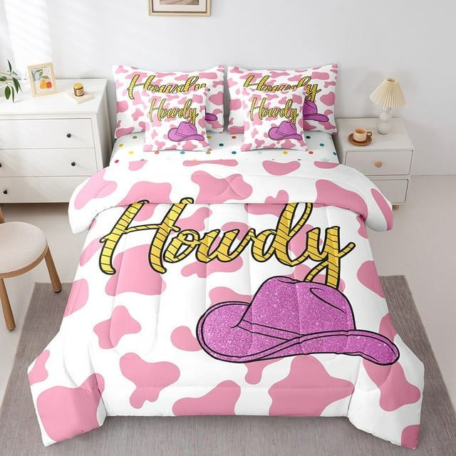 YST Pink Cow Print 7-Piece Comforter Set, King – Farm Animals Bedding with Cowboy Room Decor