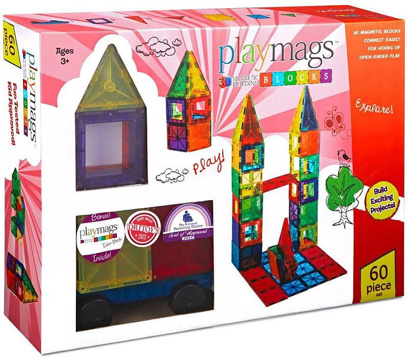 Playmags Clear Colors Magnetic Tiles Building Set 60 Piece Starter Set 