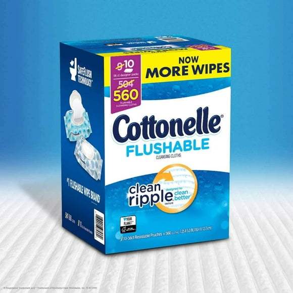 Kleenex Cottonelle Value Pack Flushable Wipes, Wavy Clean Ripple Texture, 7.25" x 5.0" Ea, 10 Pk - 56 Ct, Total 560 Wipes