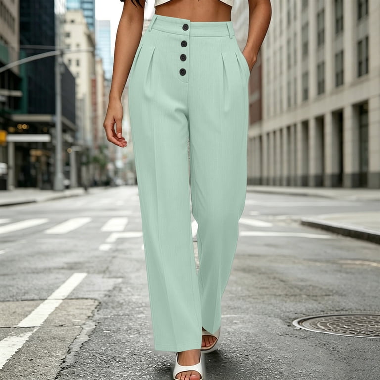 HomeDM Women Dress Pants High Waisted Business Work Trousers with Pockets Mint Green Casual Buttons Office Pants Size L