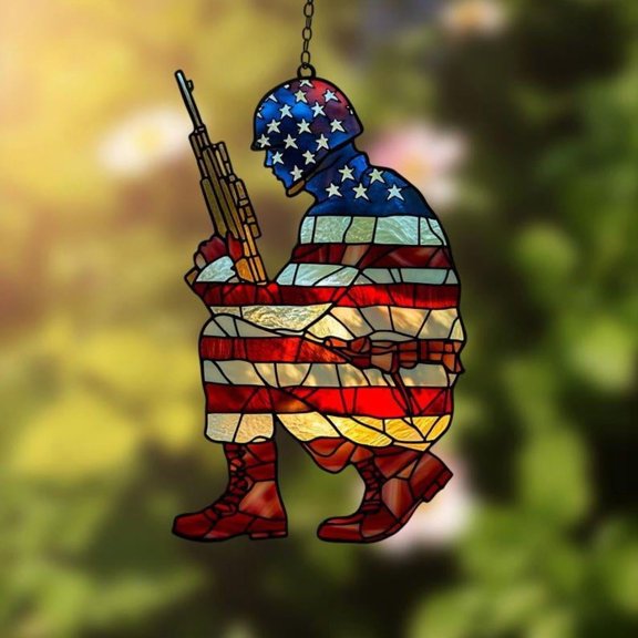 American Soldier Kneeling Suncatcher – Patriotic Memorial Window Decor for Veterans, Military Families, 4th of July