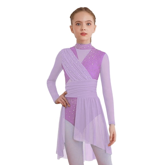 Alvivi Kids Girls Shiny Rhinestones Figure Ice Roller Skating Dress Long Sleeve Ballet Dance Leotard Lavender 10