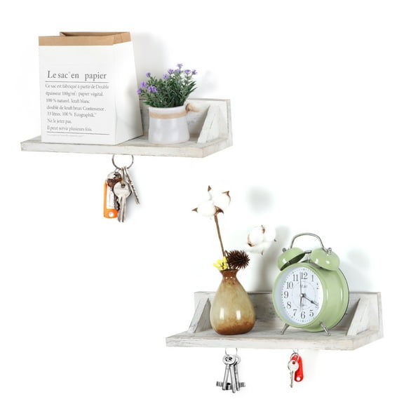 LIANTRAL U Shape Floating Shelves Rustic Wood Magnetic Wall Shelf, Distressed White (pack of 2)