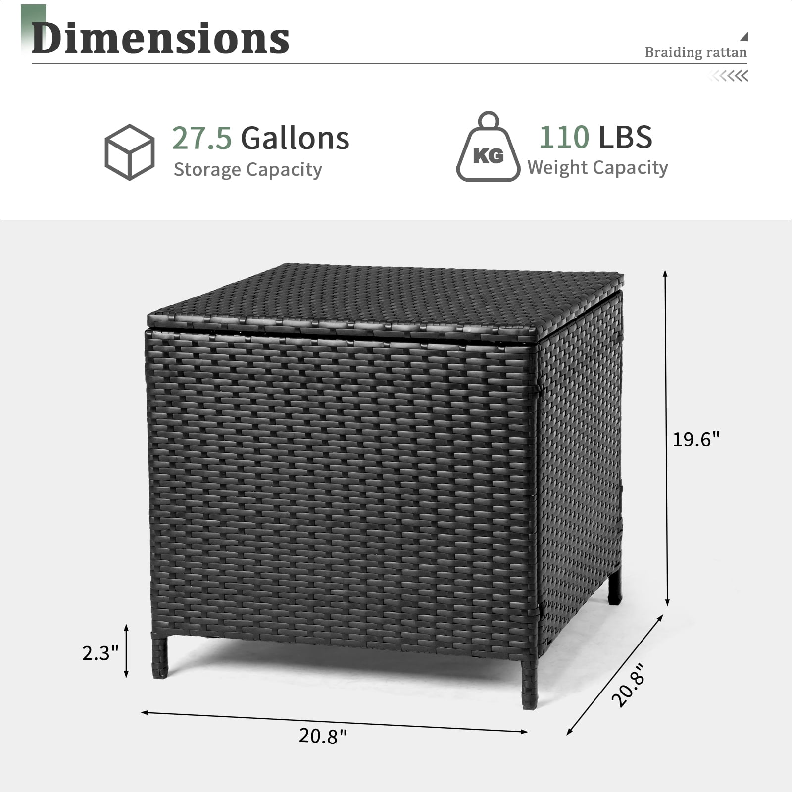 27-Gallon Outdoor PE Wicker Side Table with Storage, All-Weather, Dual-Function, Steel Frame, Black