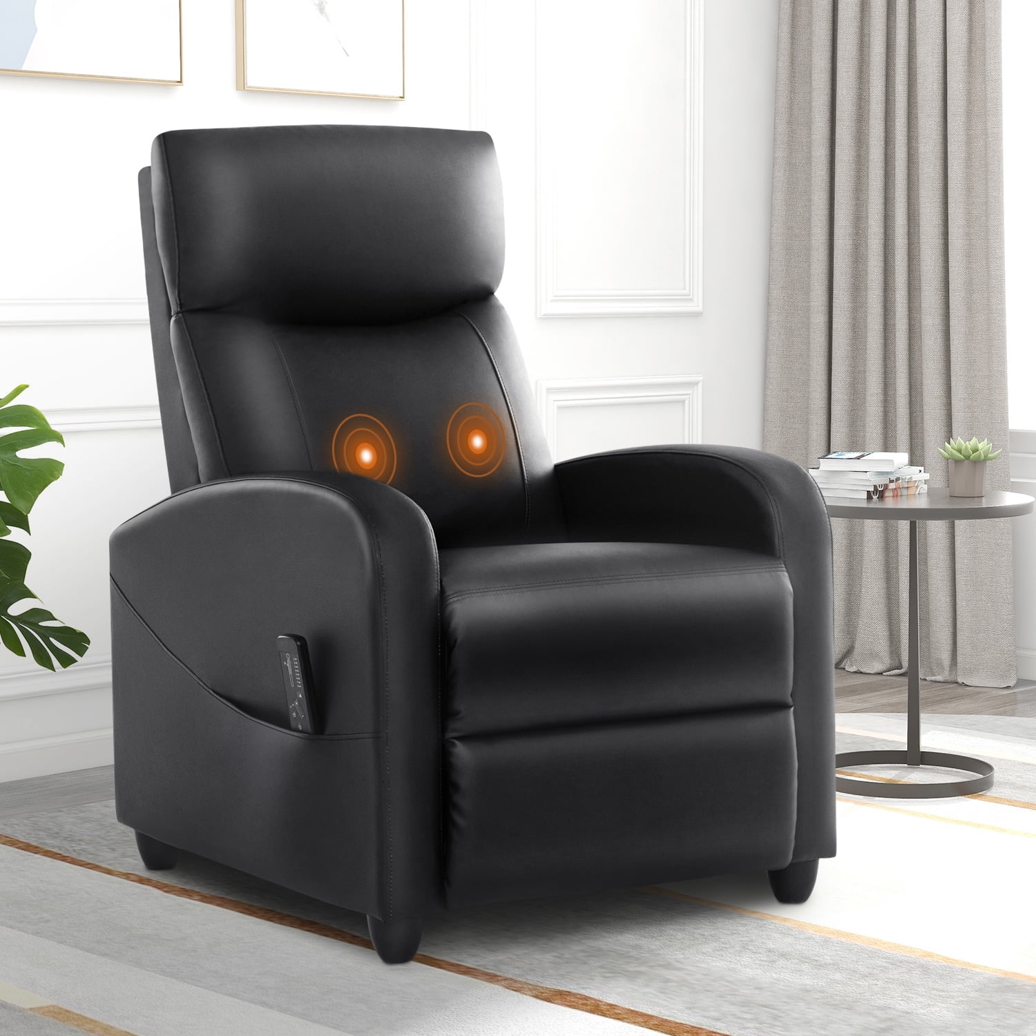 edx Recliner Chair with Massage, PU Leather Single Sofa with Padding Seat for Living Room Bedroom, Black