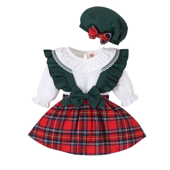Bainana Christmas Outfit Set For Girls Long Sleeve Plaid Print Romper Suspender Dress Hat 3 Pieces Clothes Set Infant Kids Trendy Daily Wear