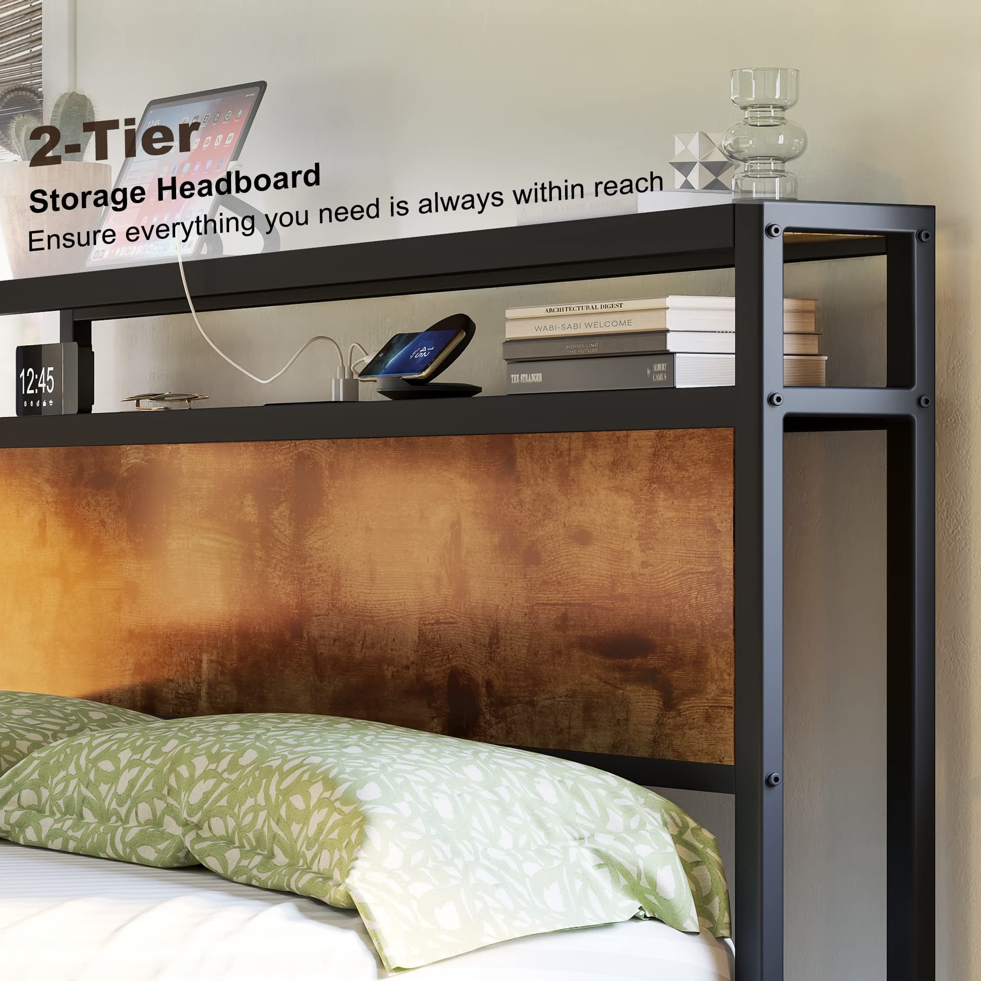 VanAcc Full Size Metal Bed Frame with 2-Tier Storage Headboard and Charging Station, Rustic Brown