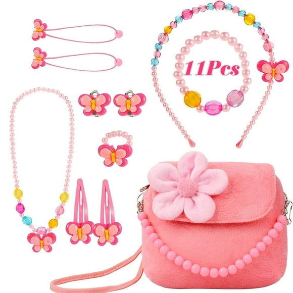 DEBGFS Kids Jewelry 11Pcs Little Girls Necklace Bracelet Set with Plush Handbag Pink Princess Costume for Dress up Pretend Play 3-8