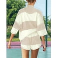 thumbnail image 5 of Women Striped Workout Set Two Piece Outfit Tracksuit Oversized Lounge Set Top and Shorts Sets with Pockets Khaki S, 5 of 7