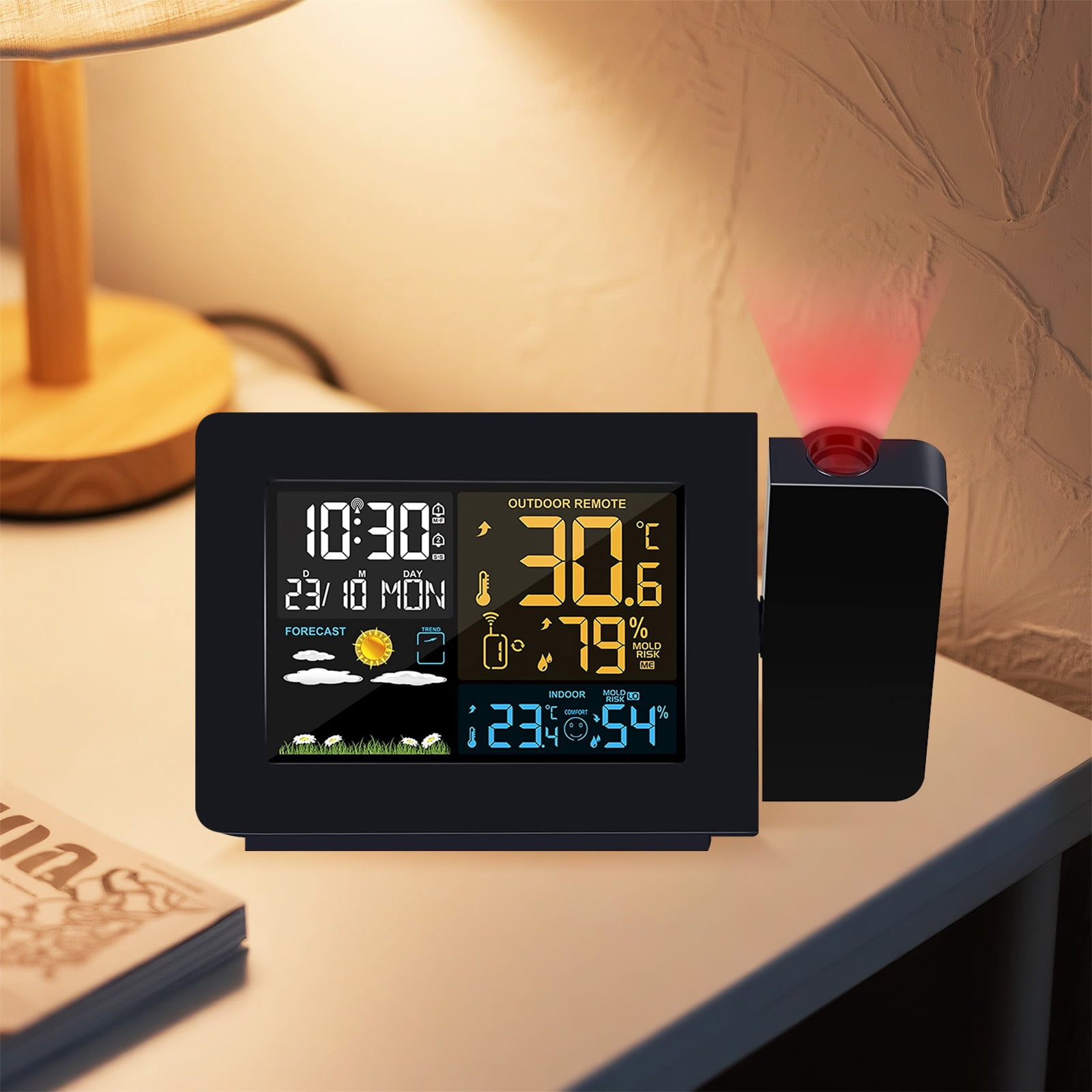 Syenll Projection Alarm Clock with Weather Station, Digital Indoor Outdoor Thermometer with Temperature Humidity Display for Bedrooms