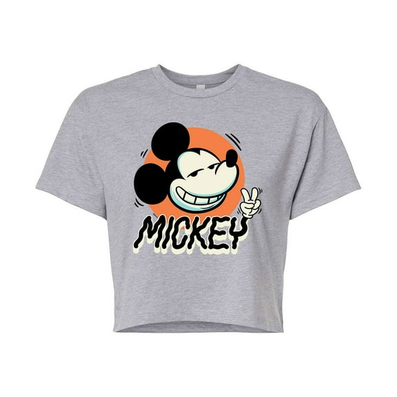 Mickey & Friends - Mickey Peace Sign - Juniors Cropped Cotton Blend T-Shirt