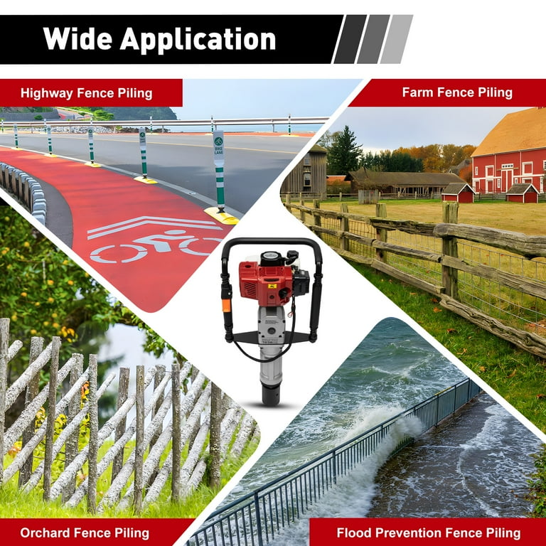 52CC 2-Stroke Gas Powered Pile Driver | 2.3HP T Post Driver With 2 Heads, 1900W 6500r/min, For Fence Posts, Farm & Construction