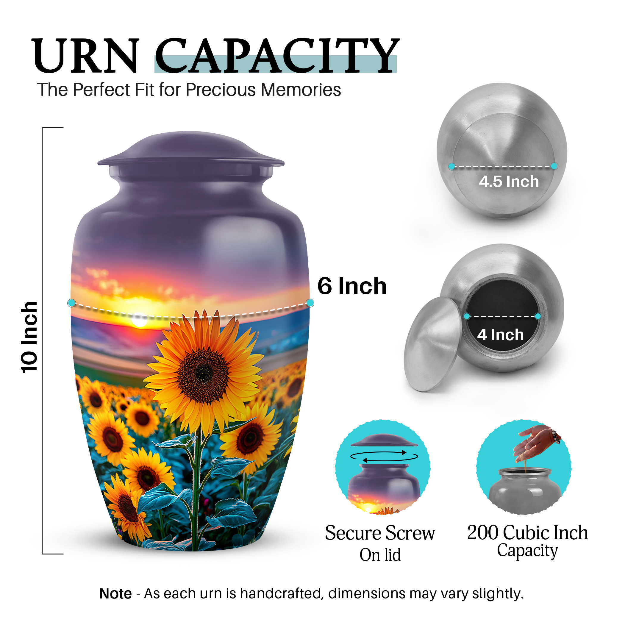 SABURIAL Sunflower Urn - Memorial Urn for Human Ashes - Combo 1 - Large with 3 Inch Pack of 1 - Human Remains for Mom & Dad - Decorative Urns for Adult - Burial Urns