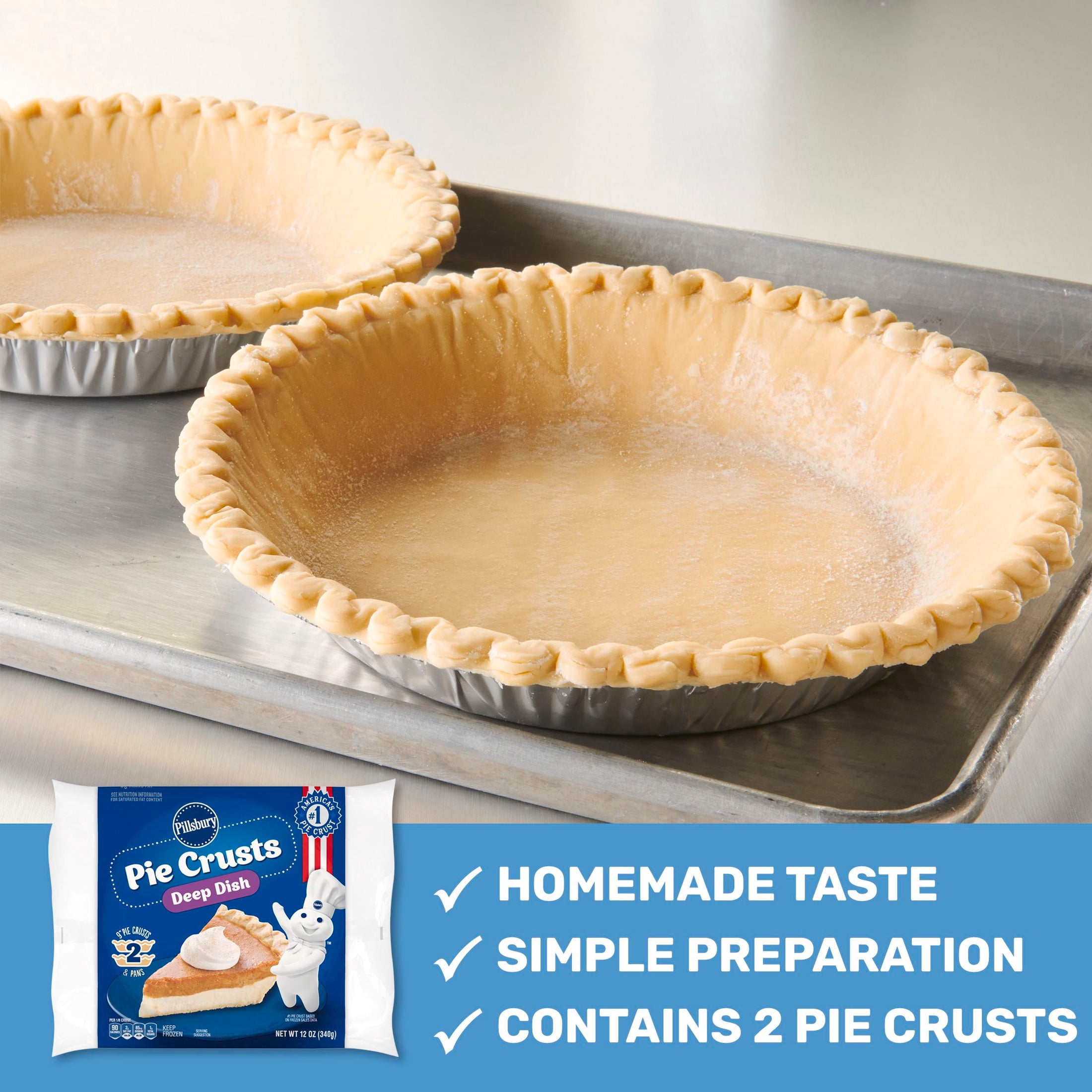 Pillsbury Frozen Pie Crust, Deep Dish, Two 9-Inch Pie Crusts and Pans, 2 Count, 12 oz