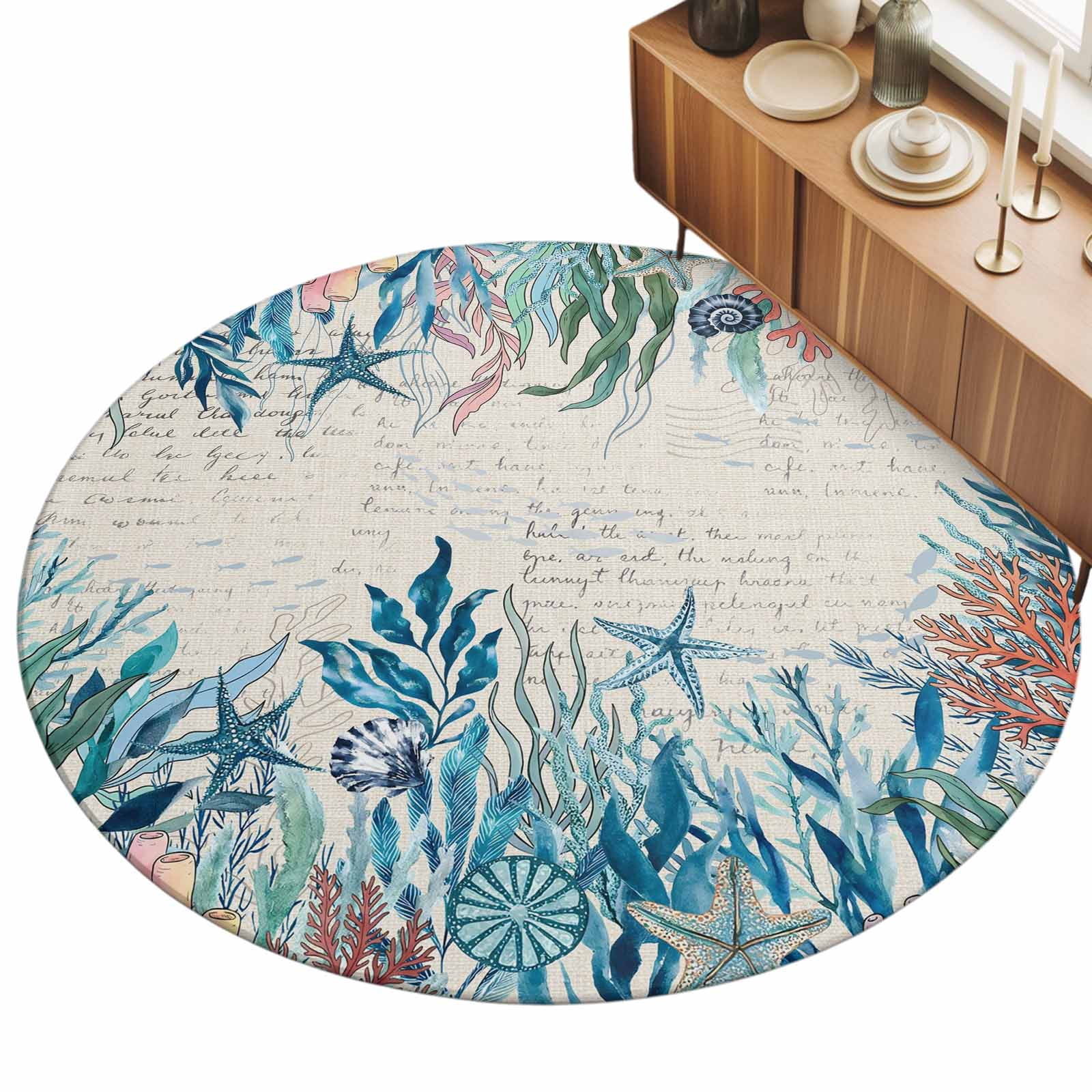 Small Round Rug 3Ft, Coastal Green Seaweed Non-Slip Washable Circle Rugs Carpet, Summer Beach Coral Starfish Rustic Indoor Outdoor Rug Floor Mats Throw Runner for Bedroom Living Room Bathroom