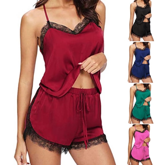 2 Pcs/Set Lady Pajamas Set Solid Color Lace Patchwork V Neck Lady Night Clothes for Home