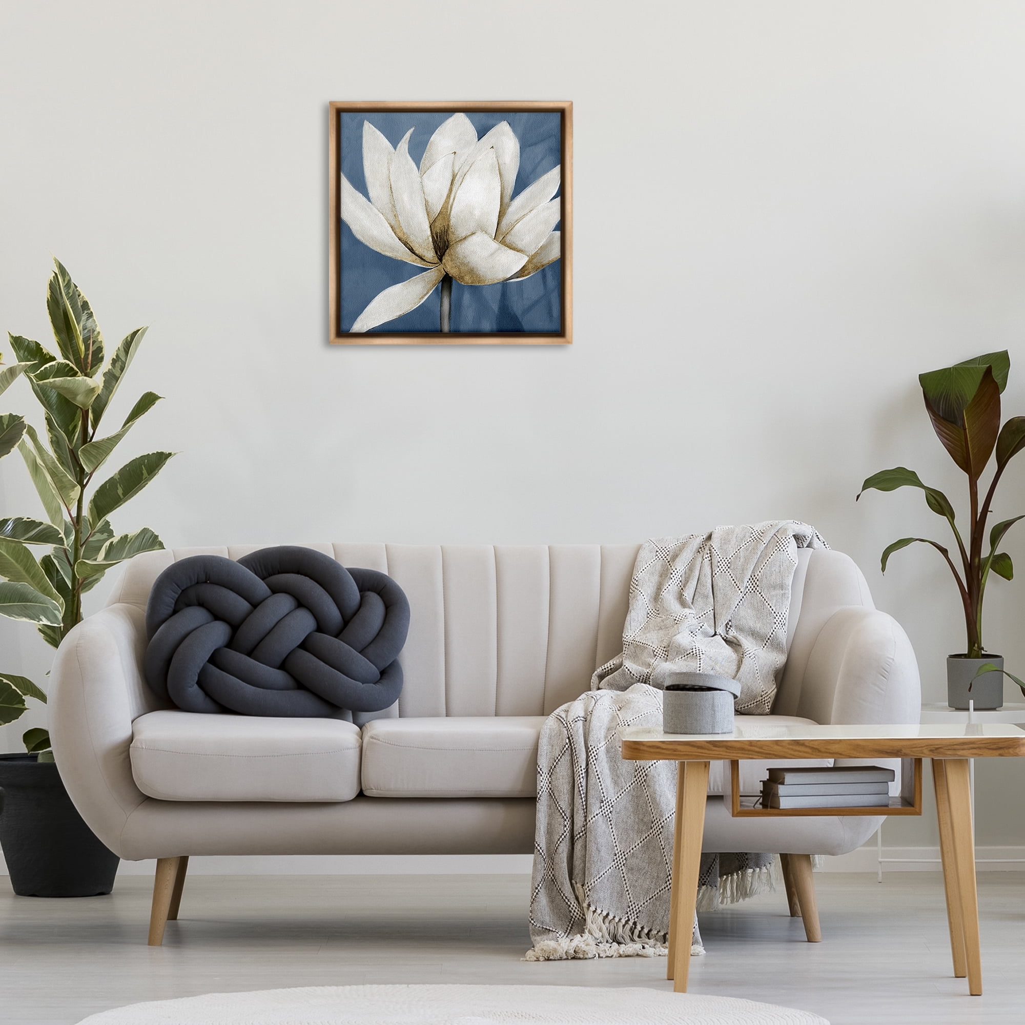 Stupell Industries White Lotus Blooms Botanical & Floral Painting Brown Floater Framed Art Print Wall Art, 25 x 25