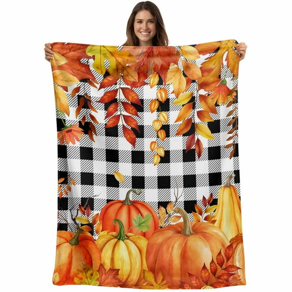 Pumpkins Fall Thanksgiving Throw Blankets, Orange Leaves Black White Plaid Soft Fleece Blanket Decorative for Home Sofa Couch Chair Living Bedroom, 40x50 inches,