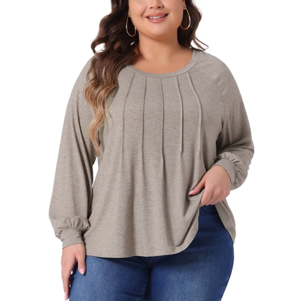Agnes Orinda Blusas de Talla Grande para Mujeres, Top de Cuello Redondo, Vestido Plisado, Camisas de Manga Larga 1X Caqui Claro