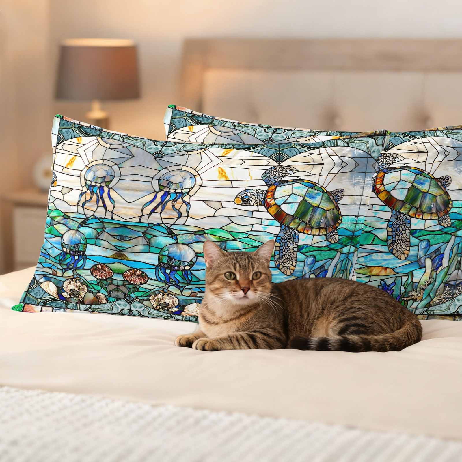 Stained Glass Sea Turtle Outdoor Waterproof Pillow Covers, Summer Coastal Ocean Jellyfish Decorative Rectangle Throw Pillowcase Sofa Cushion Sham for Patio/Couch/Chair, 20"x12" 2 Pack