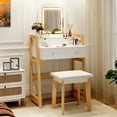 thumbnail image 2 of Gymax Vanity Desk Set w/ Mirror 3-Color LED Lights Drawers Solid Pine Wood Legs White, 2 of 10