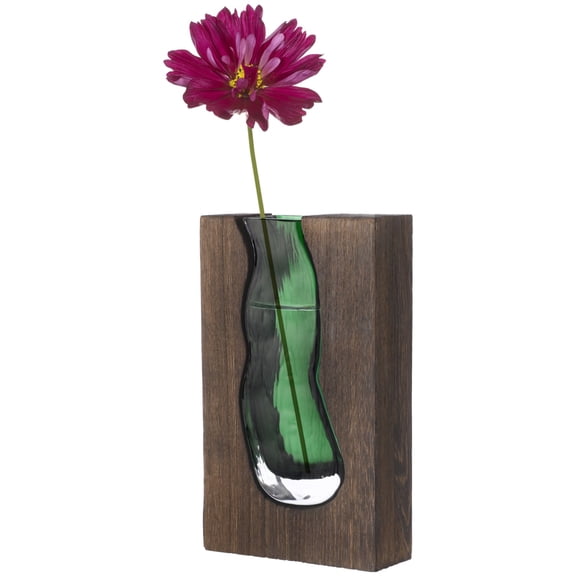Wood Glass Vase, Unique Shaped Natural Solid Wood Planter with Removable Glass Liner, Retro Decorative Vase for Flowers, Centerpiece for Home Office Decor, 9.4 x 5.7 x 2.2 in