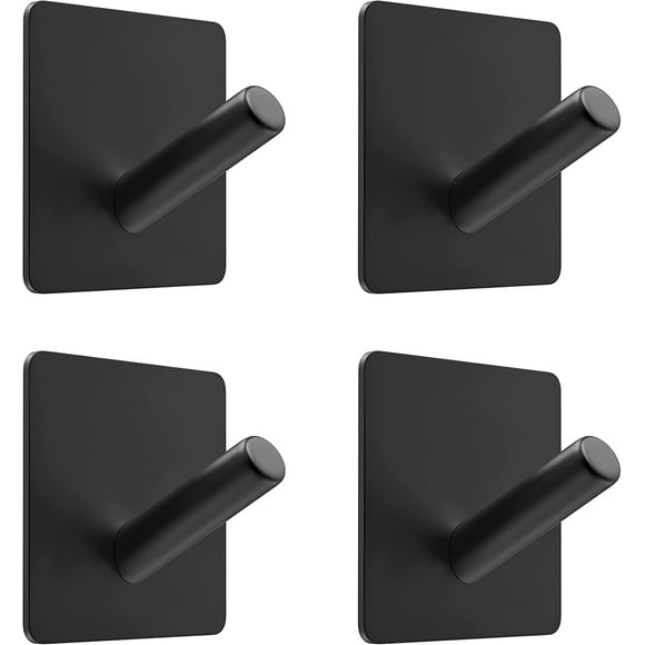 Matte Black Self-Adhesive Bathroom Towel Hooks for Wall or Door Mounting - Strong stainless steel strips that attach to 3M wall hooks for hanging coats, hats, bags, keys, and jackets - Pack of 4