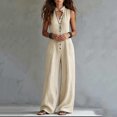 thumbnail image 6 of Women's Cotton Breathable Casual Jumpsuit, V-Neck Sleeveless Button Front, Solid Color, Loose Fit, Elastic Waist Design, Versatile Work & Weekend Outings, Ladies Soft | VerBelle,Khaki L, 6 of 8
