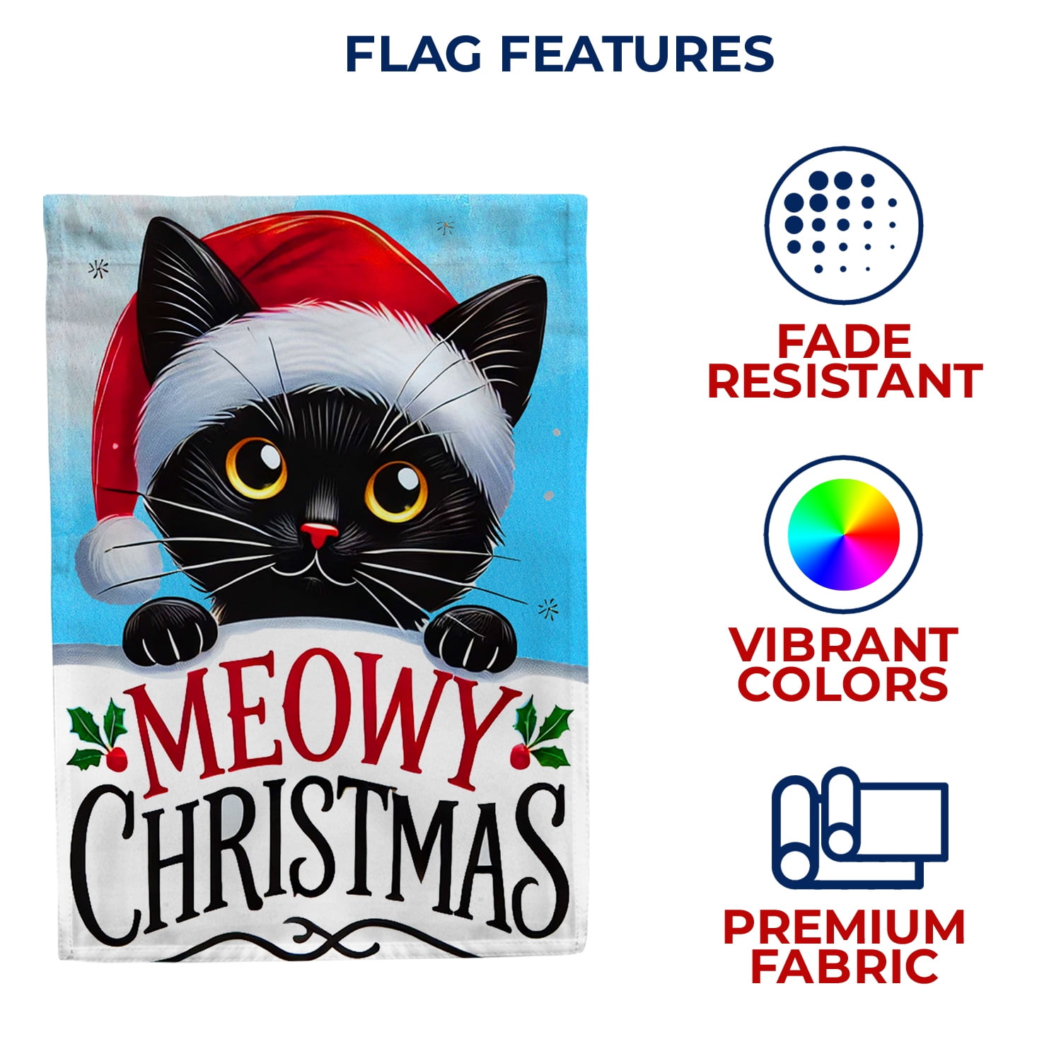 America Forever Meowy Christmas Cat House Flag, 28 x 40 inches Double Sided, Black Cat with Santa Hat, Cat Christmas Holiday Flag, Festive Winter Decor Outdoor Seasonal Flags for Yard, Lawn