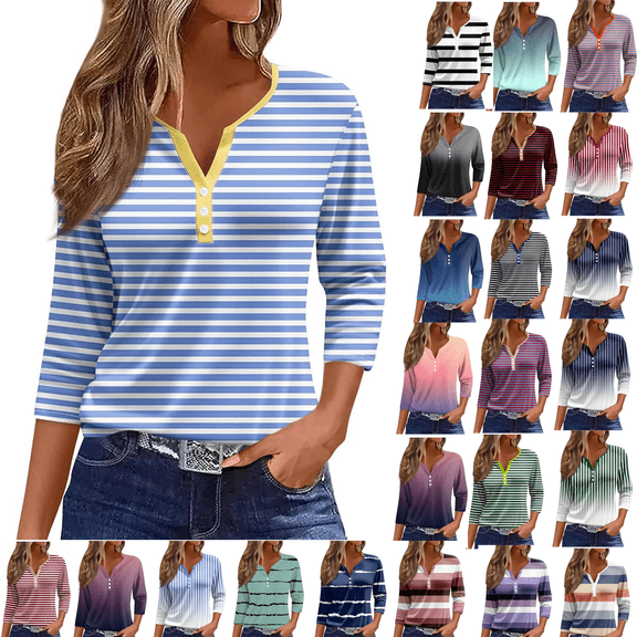 Xuboway 3/4 length sleeve womens tops 2025 Spring Henley Neck Casual Print Tunic T Shirts Three Quarter Length Womens Tops