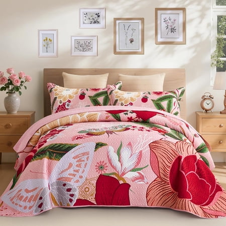 3 Piece Hot Pink Boho Floral King Size Quilt Sets Farmhouse Botanical Reversible Lightweight Bedspread with 2 Shams Butterfly Leaves Microfiber Bedding Quilts Set for All Season, 106''x96''