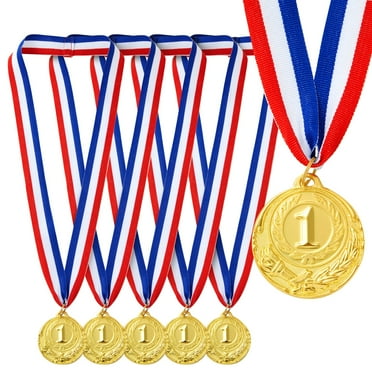 6-Pack Gold 1st Place Winner Medals for All Ages, Participation Awards with 15.5-Inch Red, White, and Blue Ribbon for Sports, Tournaments, Competitions (Metal, 2 in)