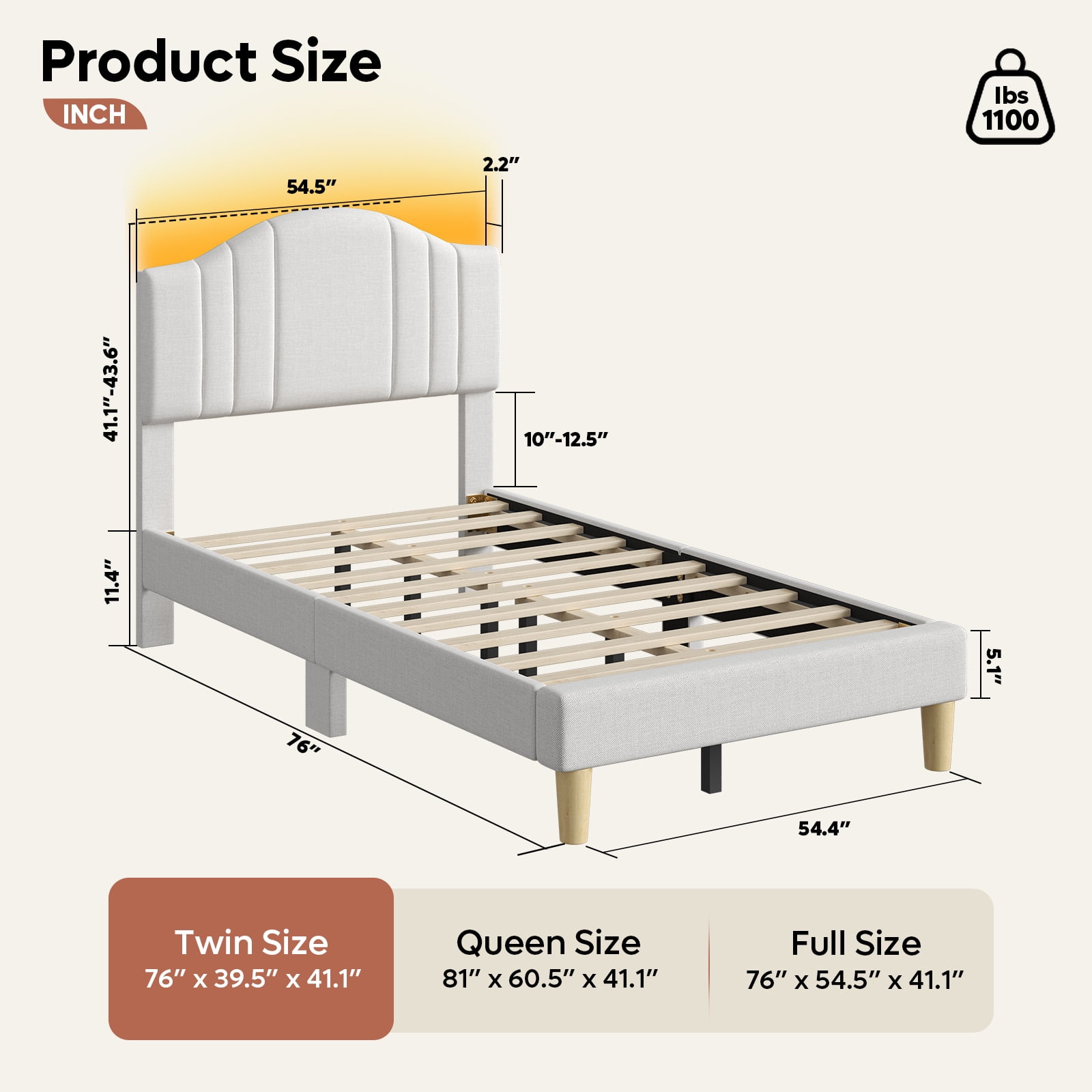 Pinmoco Twin Upholstered Bed Frame with Adjustable Arc-shaped Headboard, LED Platform Bed, Fabric Beige