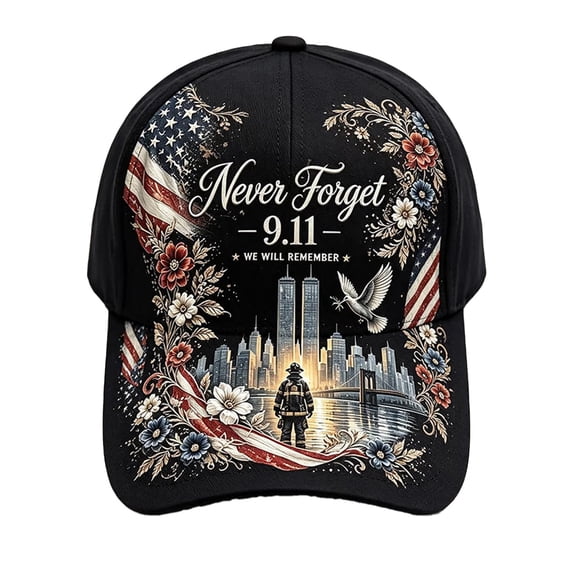 DORKASM 9/11 25th Anniversary Hat 911 Memorial Flag Floral Baseball Black One Size